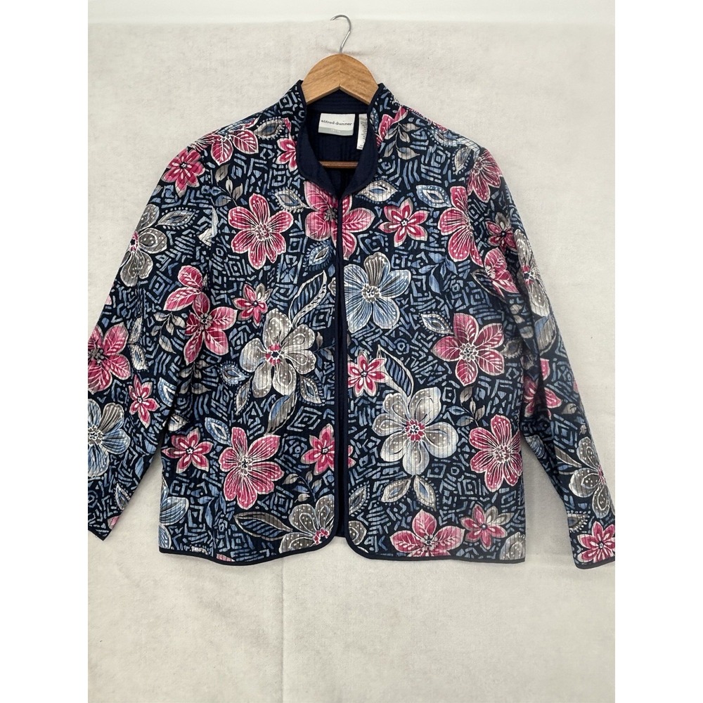 Alfred Dunner Womens Jacket sz 16P Blue Purple Floral Quilted Open Front Artsy